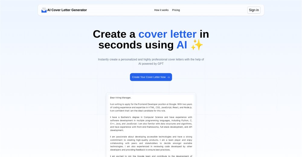 Приложение искусственного интеллекта AI Cover Letter Generator