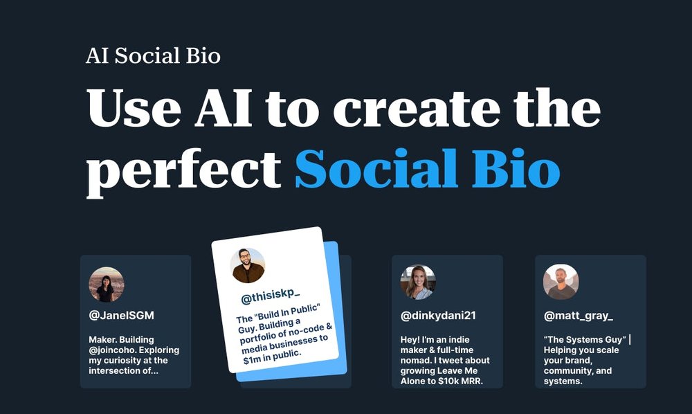 AI Social Bio - создает пользовательские биографии социальных сетей на основе интересов и целей пользователей.