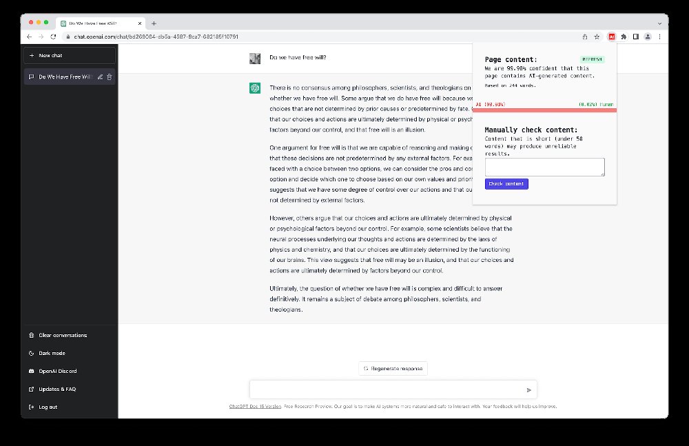 Detect GPT - расширение chrome, которое обнаруживает и помечает контент, созданный искусственным интеллектом.