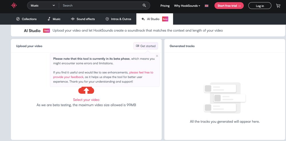 HookSounds - платформа с бесплатной музыкой, звуковыми эффектами, вступлениями и концовками и ai studio для простого создания собственного саундтрека.
