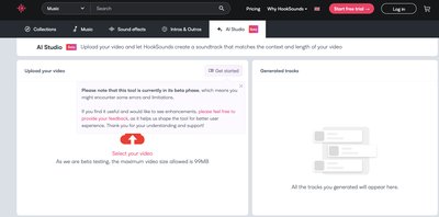 HookSounds - платформа с бесплатной музыкой, звуковыми эффектами, вступлениями и концовками и ai studio для простого создания собственного саундтрека.