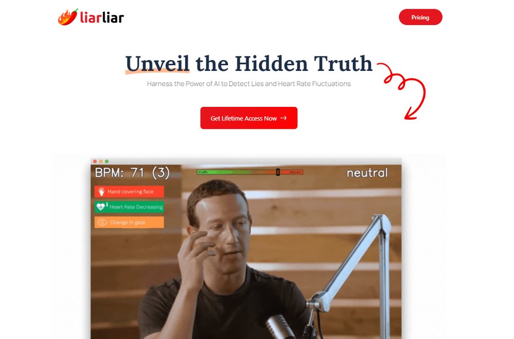 LiarLiar.AI - инструмент для обнаружения лжи и колебаний сердечного ритма в видеопотоках в реальном времени.