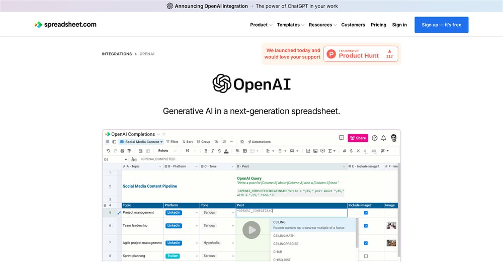 Приложение искусственного интеллекта OpenAI in Spreadsheet