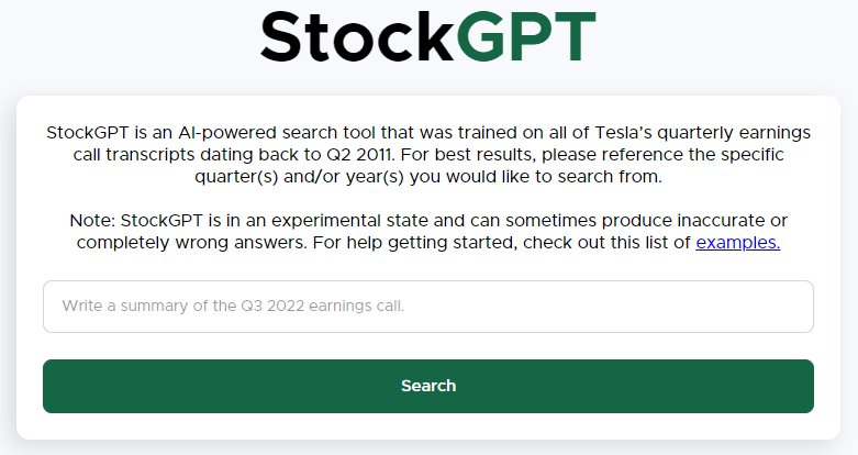StockGPT - инструмент поиска на базе искусственного интеллекта, который извлекает информацию из квартальной прибыли tesla.