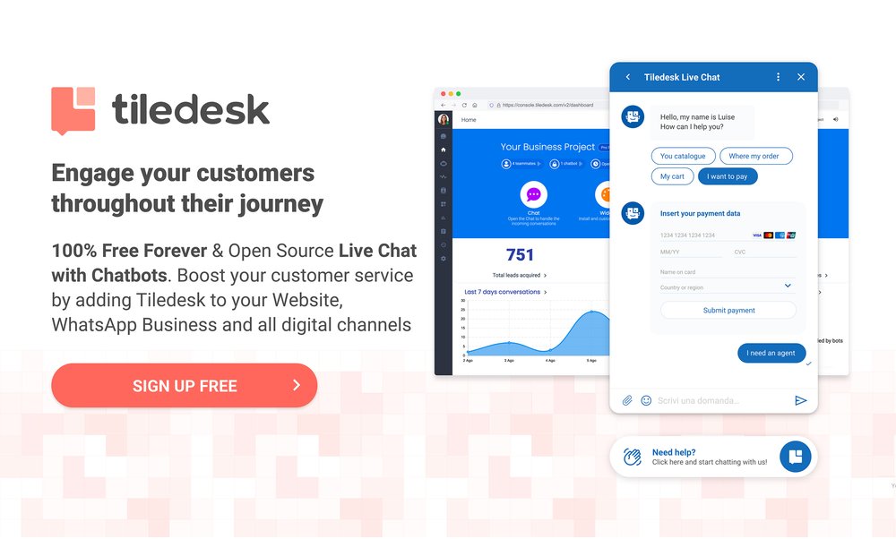 Tiledesk - проектируйте, развертывайте и управляйте чат-ботами и виджетами живого чата на нескольких каналах